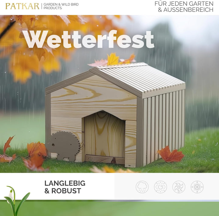 PATKAR Igelhaus Winterfest mit Boden [SCHÜTZT VOR FRESSFEINDEN] - Premium Igelfutterhaus (Made in Eu