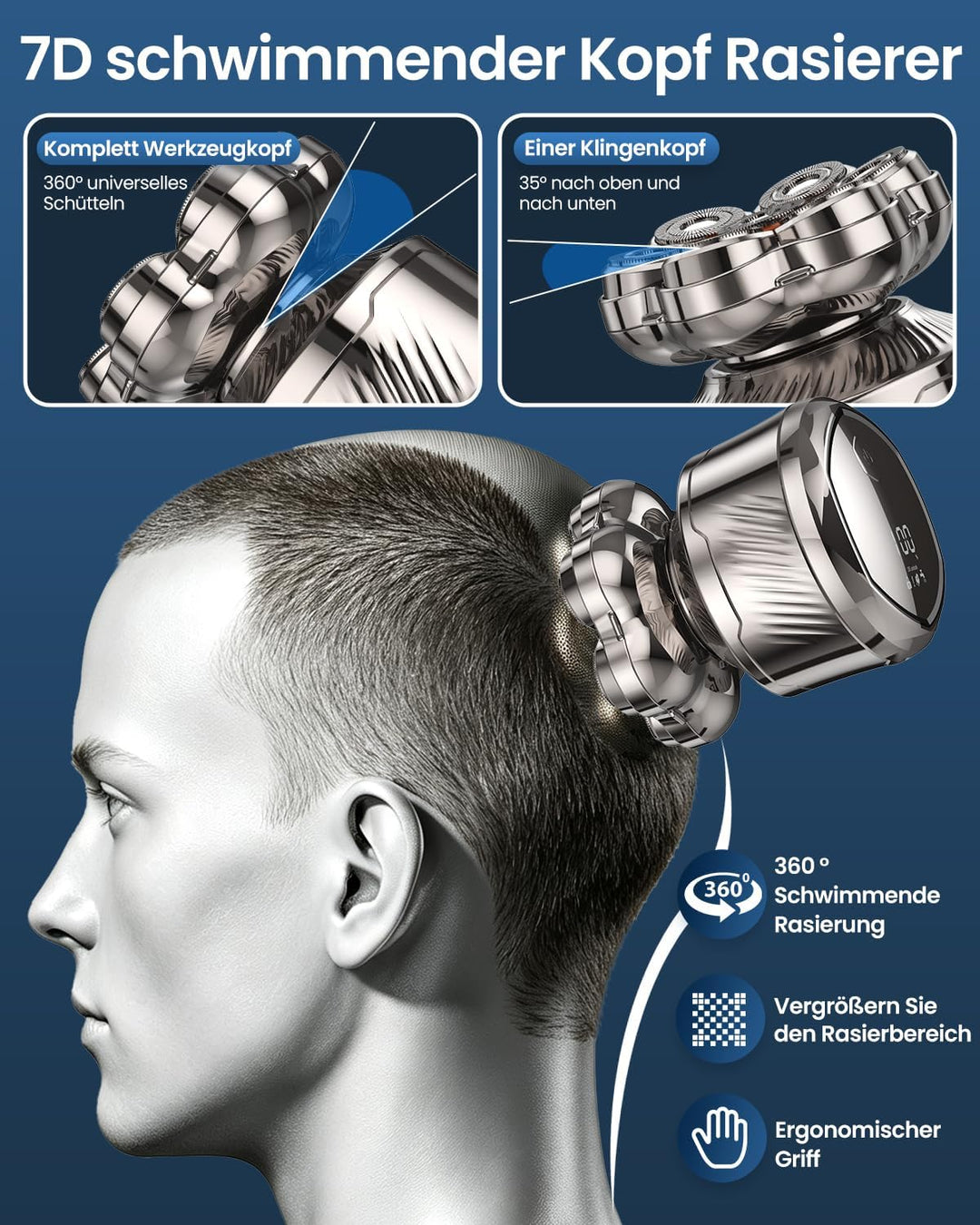 7D Glatzenrasierer Herren, 6 in 1 Elektrischer Kopfrasierer mit Magnetischem Scherkopf, Nass- &amp; Troc
