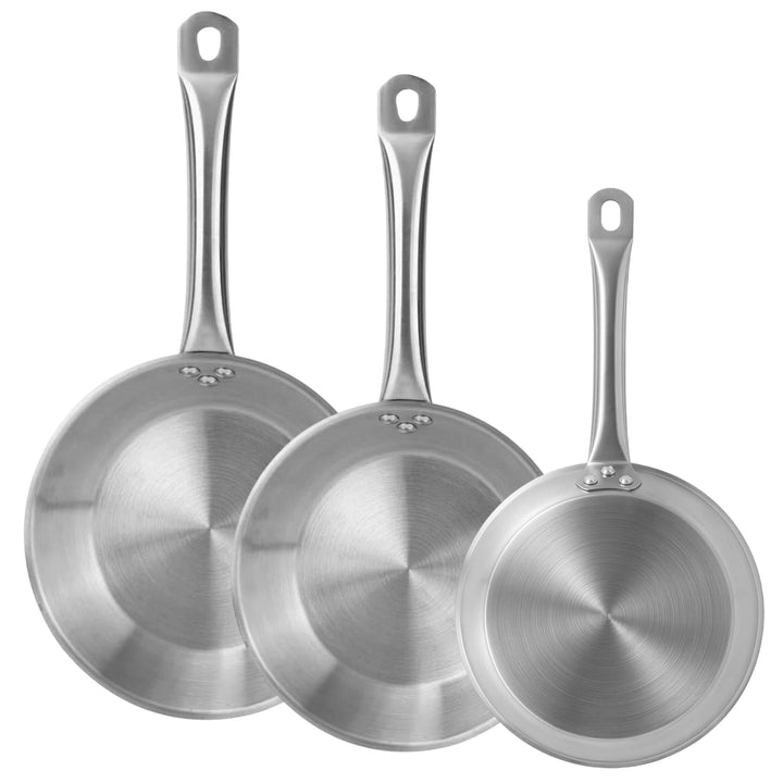 Set mit 3 Pfannen, Ø 20 x 22 x 24 cm, aus Edelstahl, induktionsgeeignet, ohne Antihaftbeschichtung