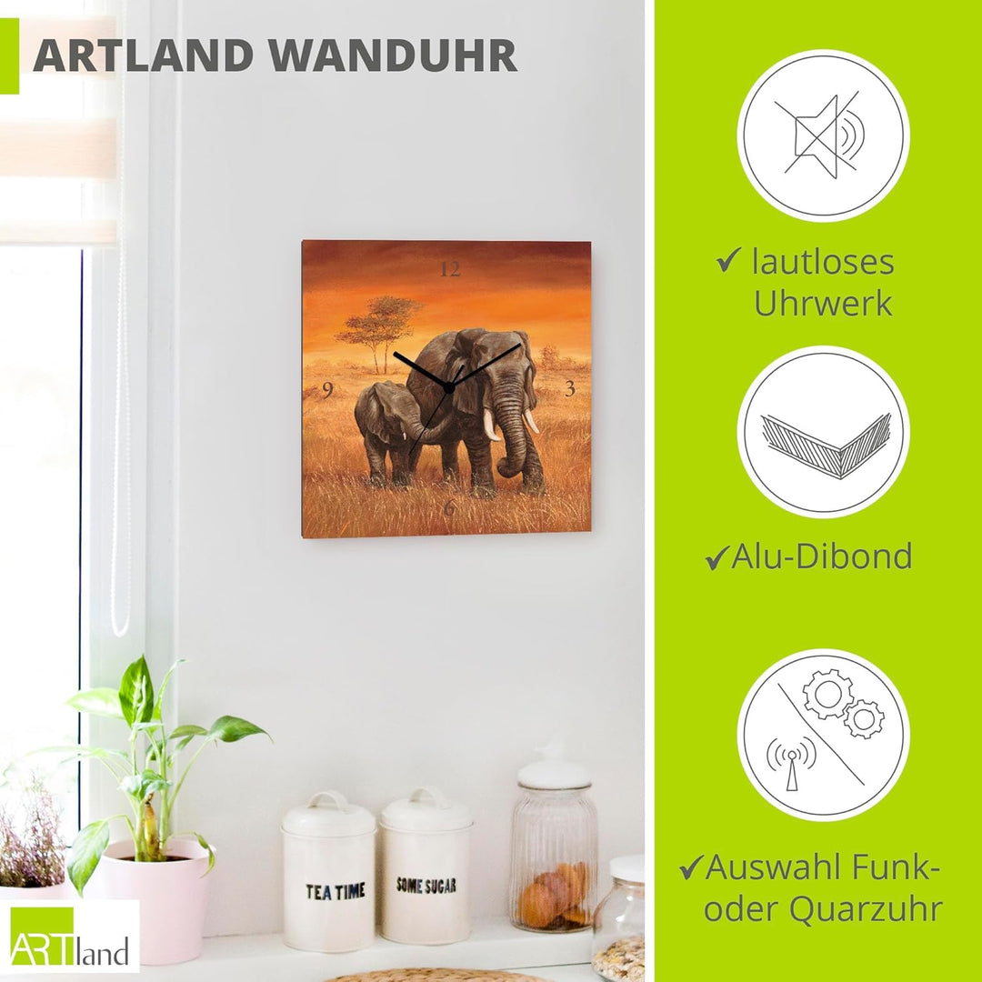 ARTLAND Wanduhr ohne Tickgeräusche Leinwand Quarzuhr 30x30 cm Quadratisch Lautlos Afrika Elefant Tie