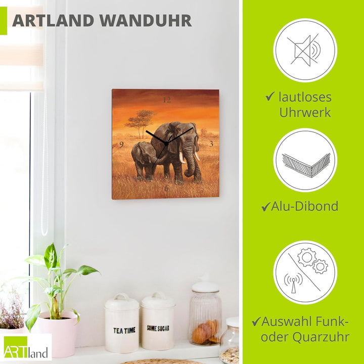 ARTLAND Wanduhr ohne Tickgeräusche Leinwand Quarzuhr 30x30 cm Quadratisch Lautlos Afrika Elefant Tie