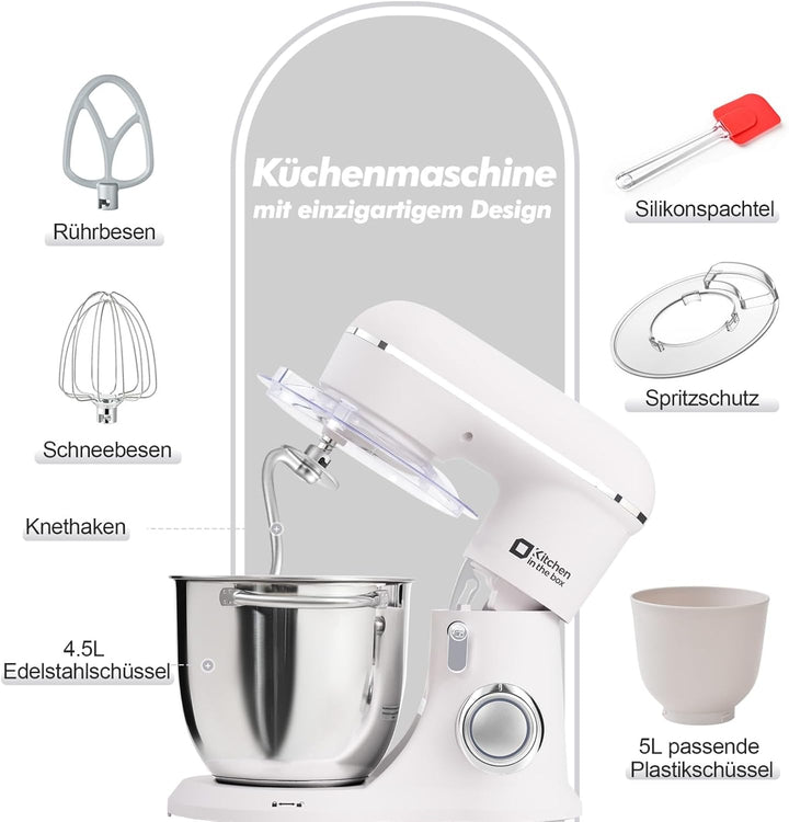 Kitchen in the box Küchenmaschine, 4,5 L & 5 L Knetmaschine, 10+P Geschwindigkeits Teigmaschine mit