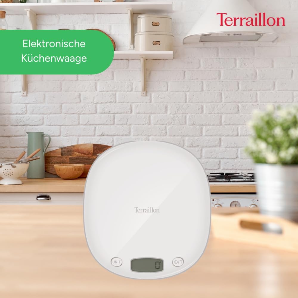 TERRAILLON elektronische Küchenwaage – Tara, Flüssigkeitsumrechnung, integrierter Griff, Wiegebereic