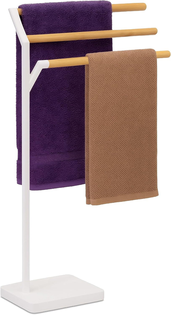 Relaxdays Handtuchständer, HxBxT: 75 x 38,5 x 18 cm, Metall, Bambus, 3 Stangen, Handtuchhalter stehe