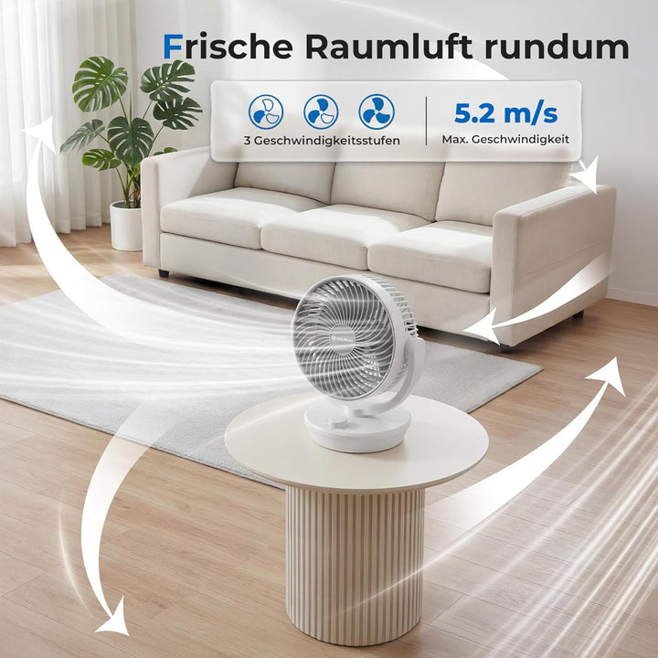 Aeroll Ventilator Leise, Tischventilator, 3D Turbo-Luftzirkulator mit 3 Geschwindigkeitsstufen, 130°
