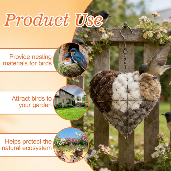 Handgefertigtes Vogelnest Herz, Aufhängen Futterspender Vögel, Vogel Nistmaterial Halter Set mit Met