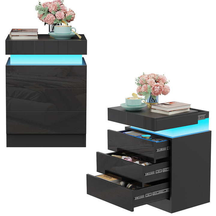 PIPIPOXER Nachttisch 2er Set mit LED, Hochglanz Nachtschrank mit 3 Schubladen und Versteckte Obere S