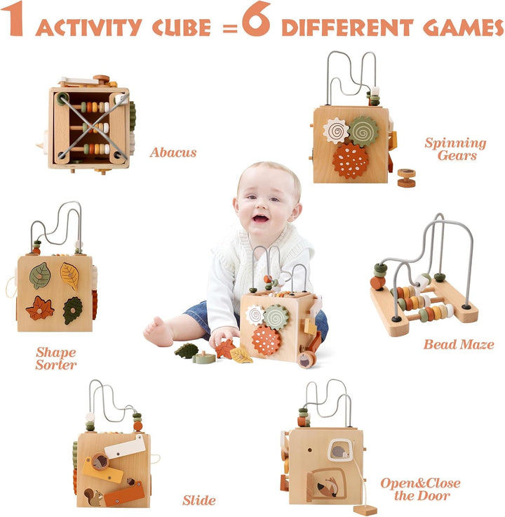 WOODEN TEETHER Montessori Motorikwürfel holzspielzeug Montessori Spielzeug 6 in 1（Naturholzfarbe Akt