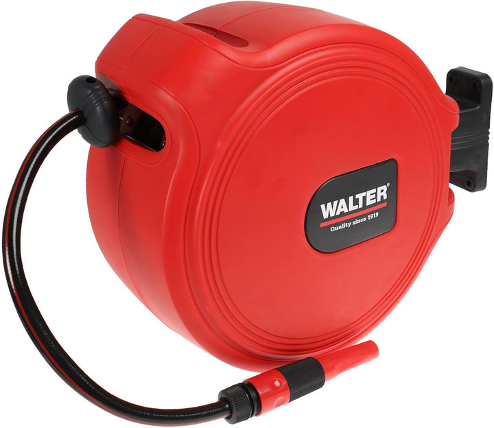 WALTER Schlauchaufroller: 20+2m PVC-Netzschlauch, automatischer Sicherheitsrückzug, 180° schwenkbare