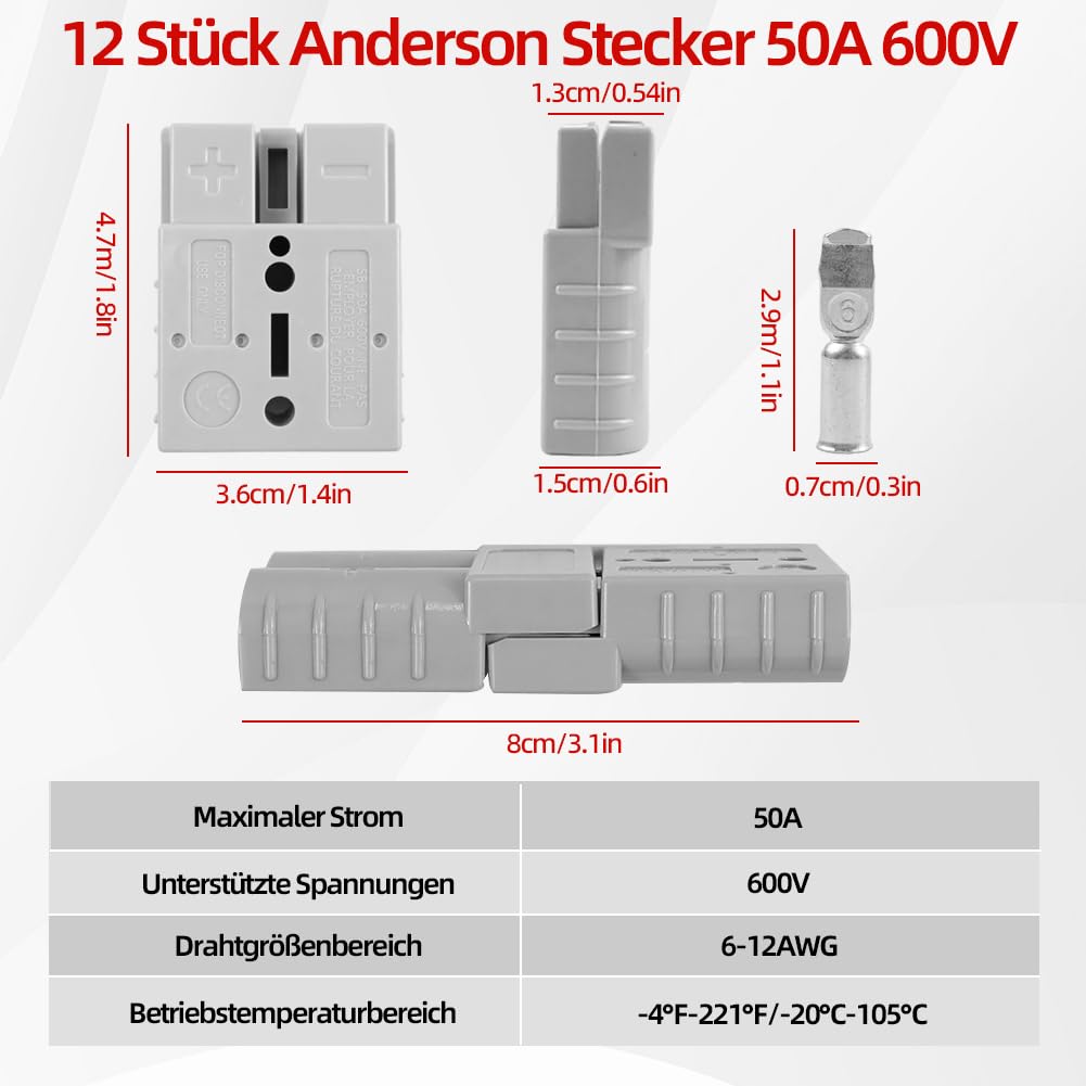 12 Stück Anderson Stecker 50A 600V, Batterie Schnelltrennstecker, Hochstromstecker 50A für Auto, Woh