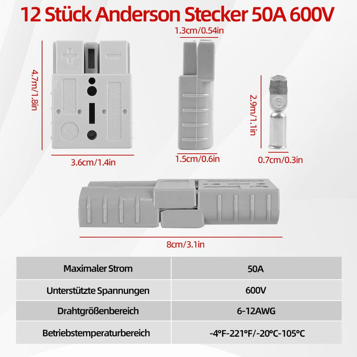 12 Stück Anderson Stecker 50A 600V, Batterie Schnelltrennstecker, Hochstromstecker 50A für Auto, Woh