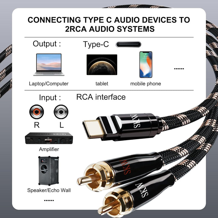 SKW Audiophiles Type C auf 2RCA Kabel, USB C auf Cinch Audio Kabel für Telefon, Laptop, Verstärker,