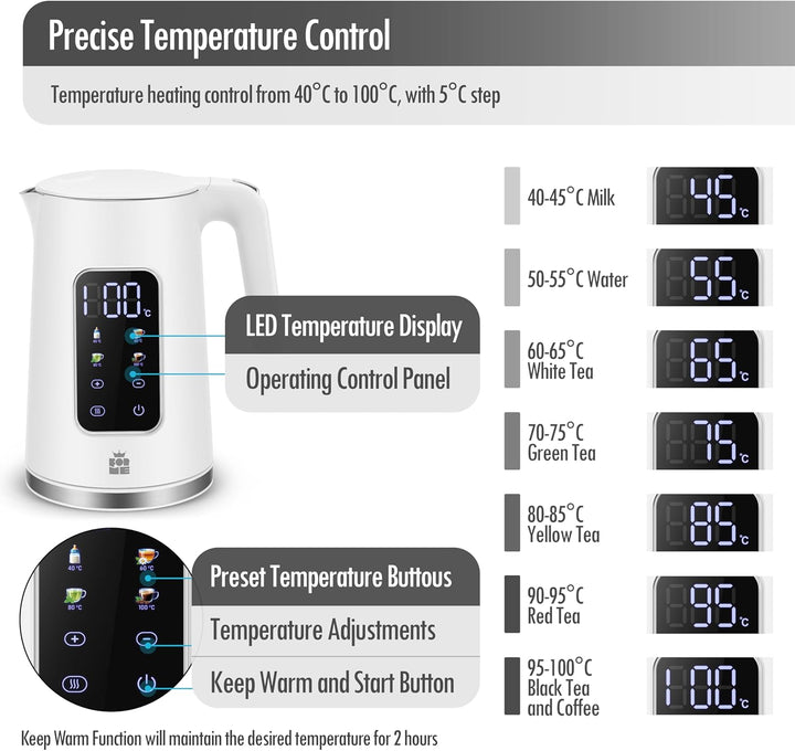 ForMe Edelstahl Wasserkocher 1,7 L mit Temperatureinstellung Temperaturwahl 40-100°C I LED Digitale