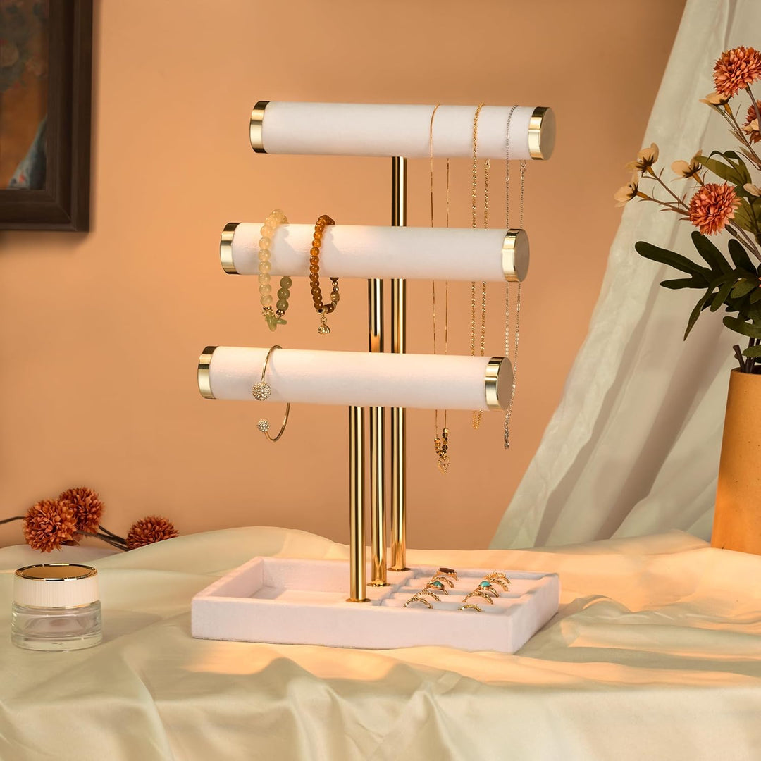 Schmuck Organizer mit 3 Ebenen - Weiss Schmuckständer Armbänder, Abnehmbarer T-Steg Schmuck Ständer,