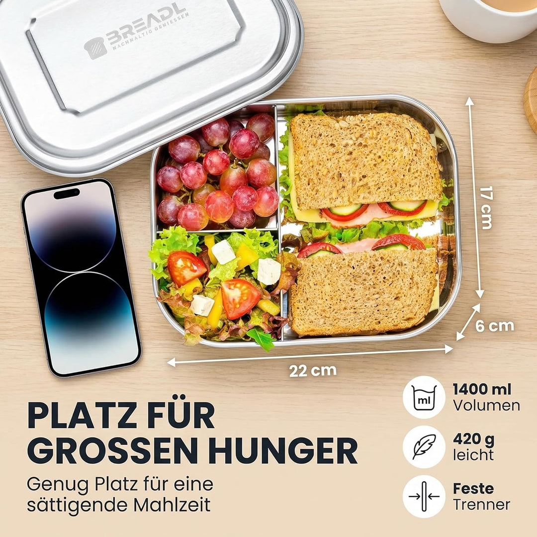 Edelstahl Brotdose, Feste Trennwand und 3 Fächer, Plastikfrei, Rostfrei, Spülmaschinengeeignet, Gros