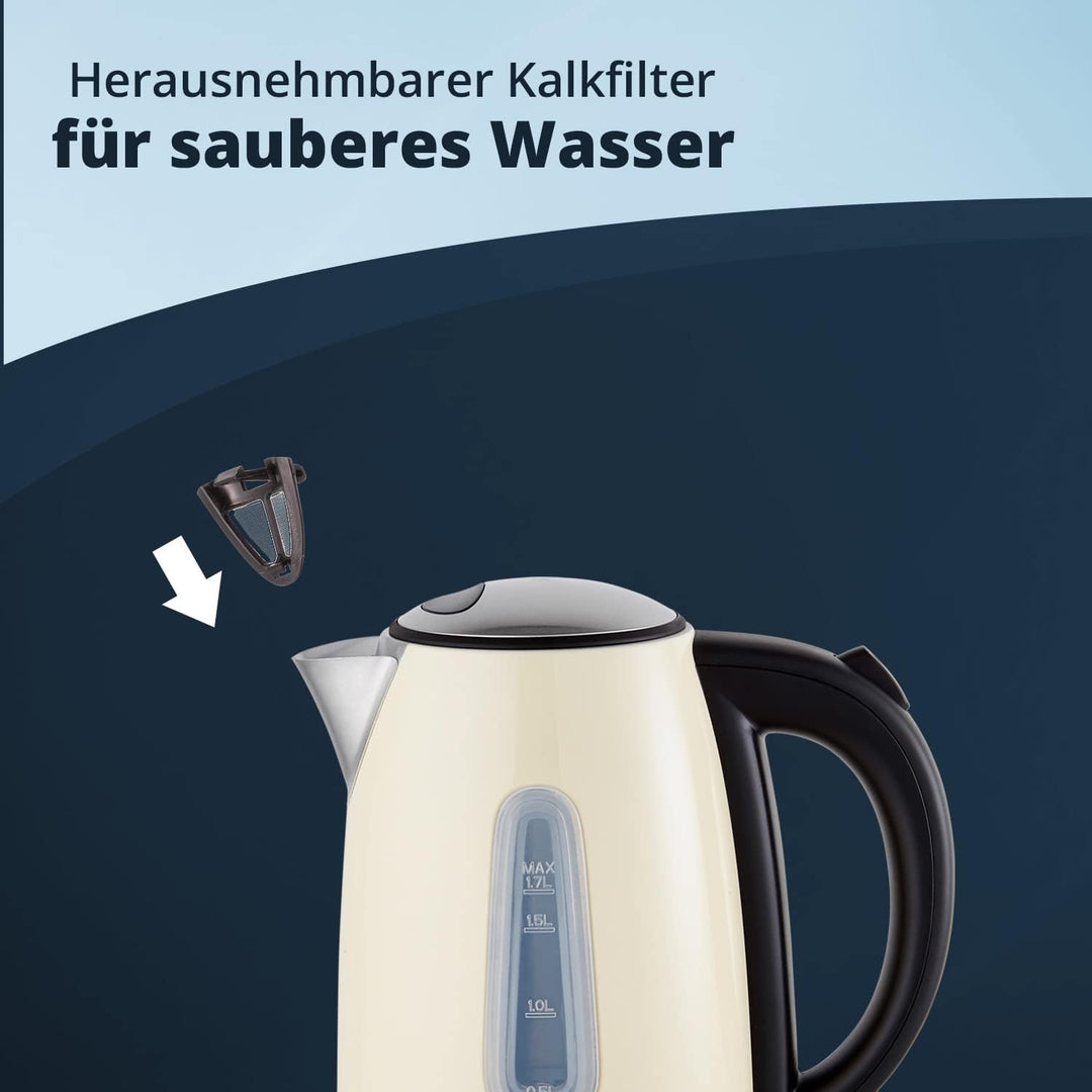 KHG Wasserkocher WK-1707 CE Edelstahl creme 1,7 Liter, auswaschbarer Kalkfilter, Wasserstandsanzeige