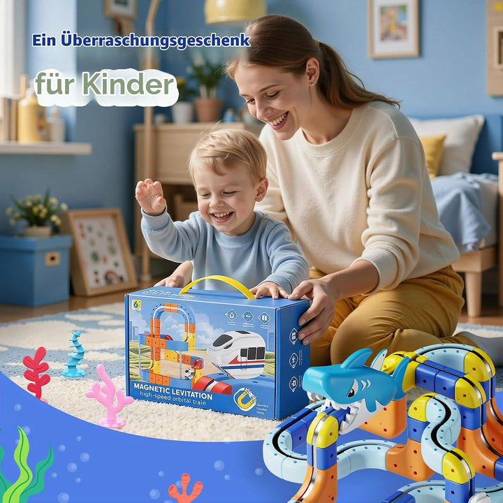 EUCOCO Spielzeug ab 3 4 5 6 7 8 Jahre Junge, Clickrail Electric Train Set 117 PCS Ozean-Thema Cubix