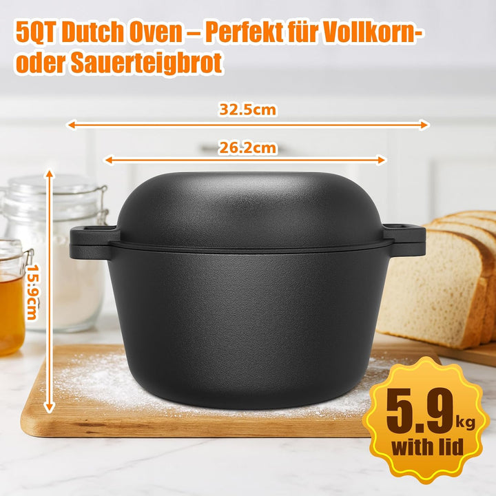 GFTIME Gusseisen Topf 26cm Brot Backen inkl. Brotbackform mit Deckel inkl. Gärkorb - Robuste Brotbac