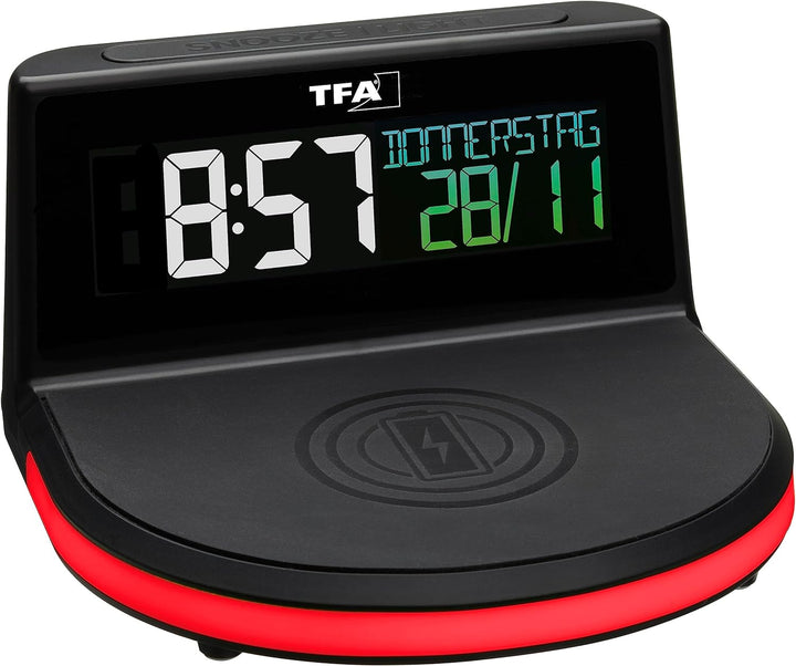 TFA Dostmann Charge-IT Wireless Digitalwecker, 60.2028.01, mit kabelloser Ladestation (Qi) für Smart