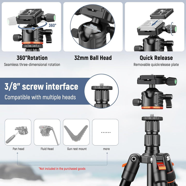 Victiv Schweres Kamera Stativ, 194cm Faltbares Aluminium Fotostativ, 2-in-1 Dreibein Stativ & Einbei