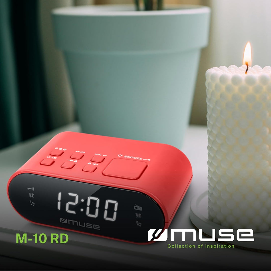 MUSE M-10 RD Radiowecker mit LED-Display, Zwei Weckzeiten, dimmbar, digitaler UKW-Tuner, 20 Sendersp