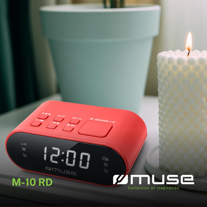 MUSE M-10 RD Radiowecker mit LED-Display, Zwei Weckzeiten, dimmbar, digitaler UKW-Tuner, 20 Sendersp