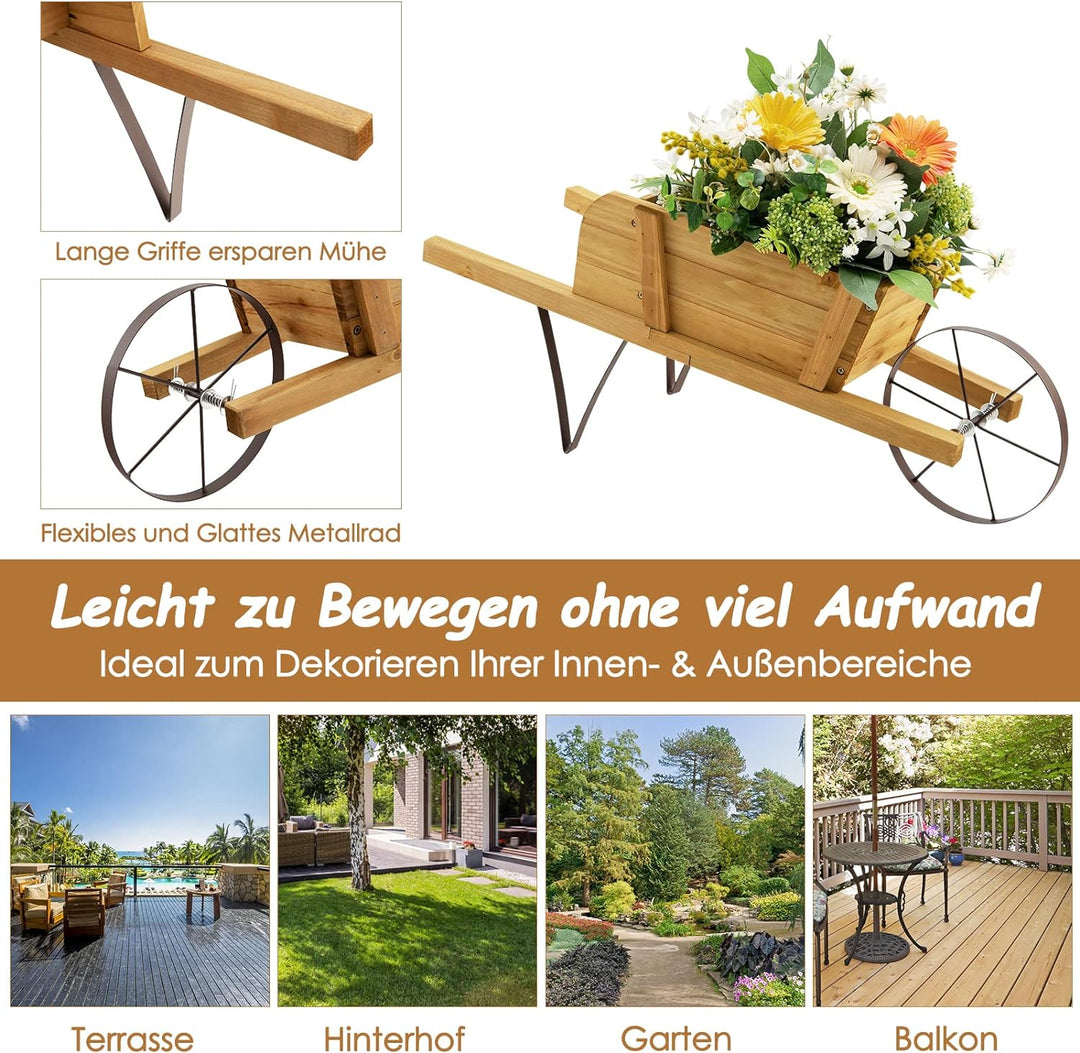 RELAX4LIFE Pflanzschubkarre, Blumenkarre aus Kiefernholz zum Bepflanzen, Gartendeko mit Griff, Rad &