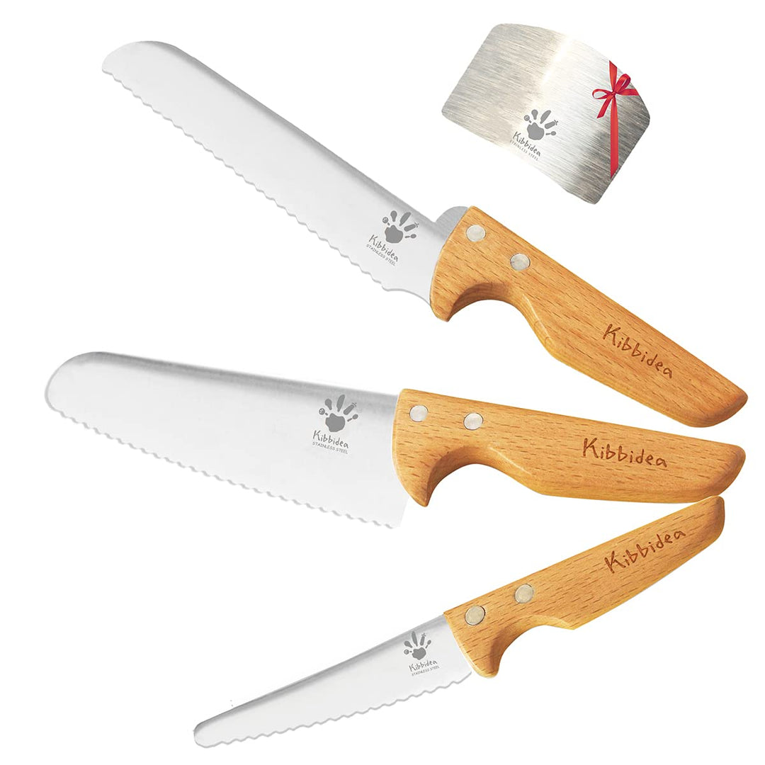 Kibbidea Kindermesser Set, Kinder Messer, Küchenmesser für Kinder ab 3 Jahren, Holzgriff, Edelstahl,