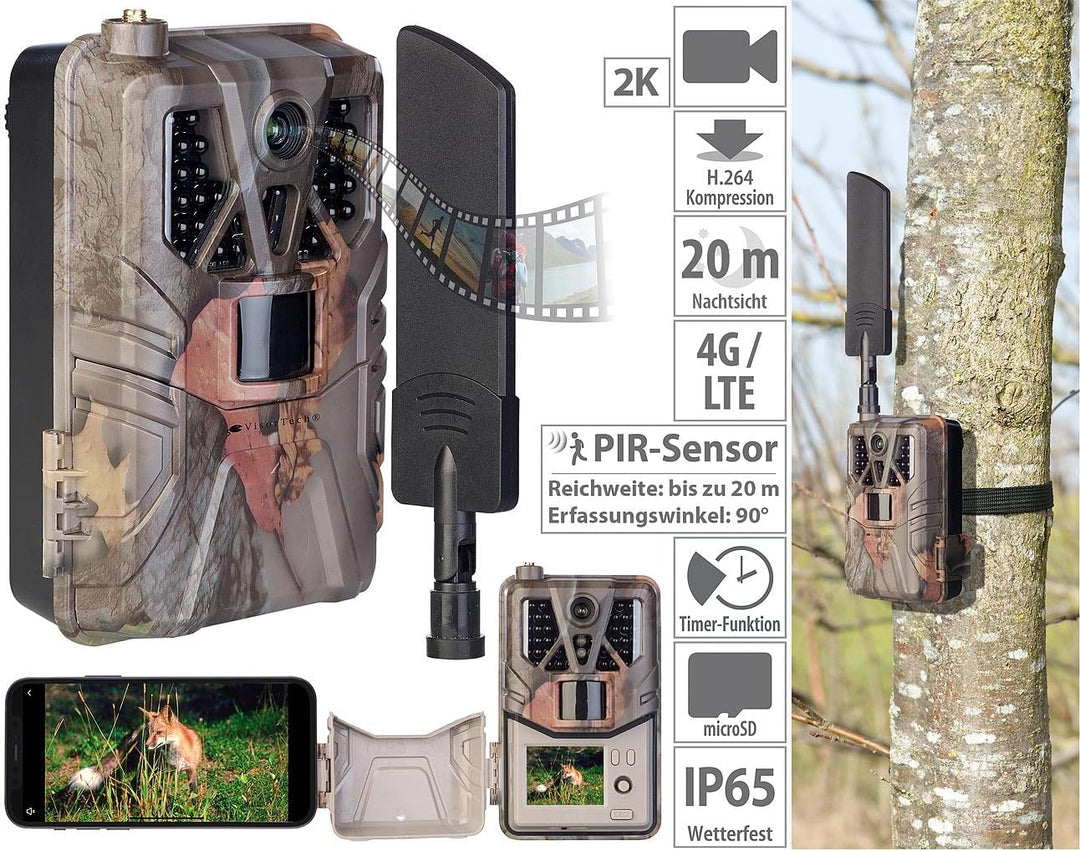 VisorTech Wildkamera mit SIM Karte: 4G/LTE-Akku-Wildkamera mit 2K-Auflösung, PIR-Sensor, Nachtsicht,