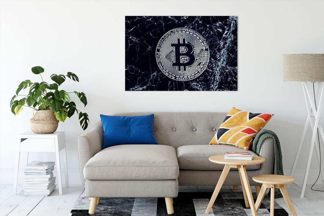 Pixxprint Bitcoin BTC auf Eis als Leinwandbild | Grösse: 100x70 cm | Wandbild | Kunstdruck | fertig