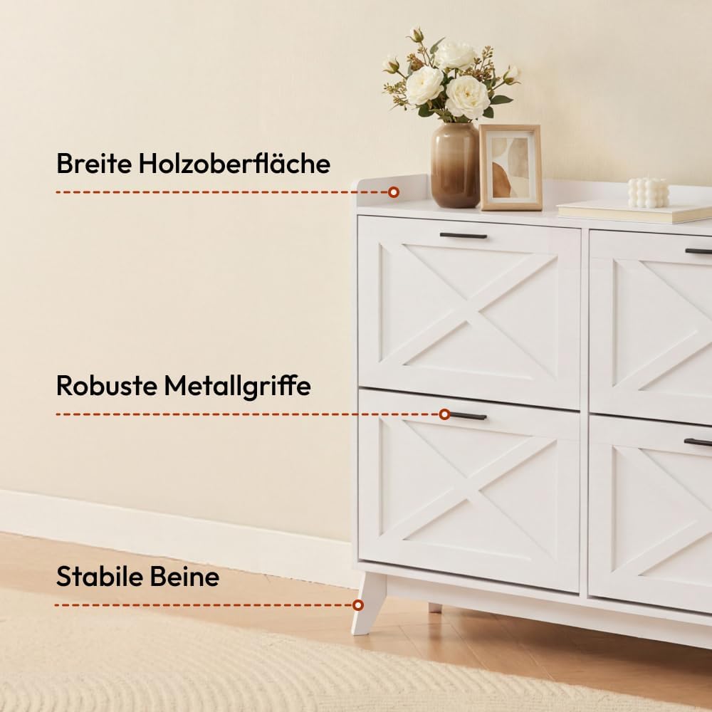 CASABEL Schuhschrank mit 4 Klappen, Fronten mit Kreuzmuster, Weiss, Funktionales Design, Grosse Kapa