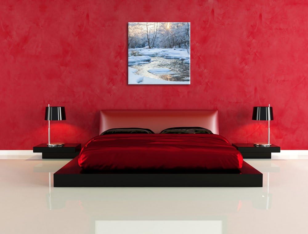 Bach in Winterlandschaft, Format: 70x70 auf Leinwand, XXL riesige Bilder fertig gerahmt mit Keilrahm