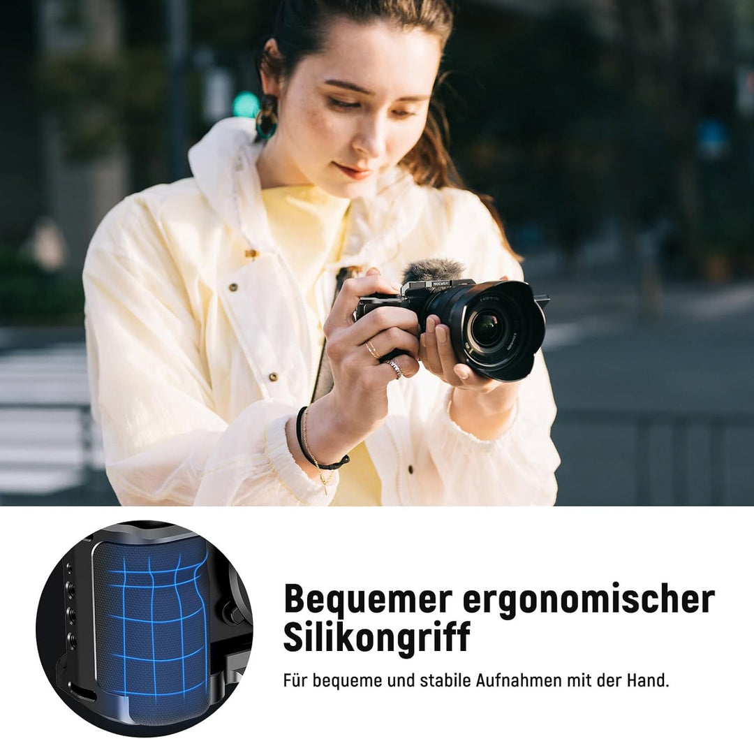 NEEWER ZV-E10 Kamerakäfig mit Silikongriff, 1/4" Gewinde, 3/8" ARRI Positionierungslöcher, Arca Typ