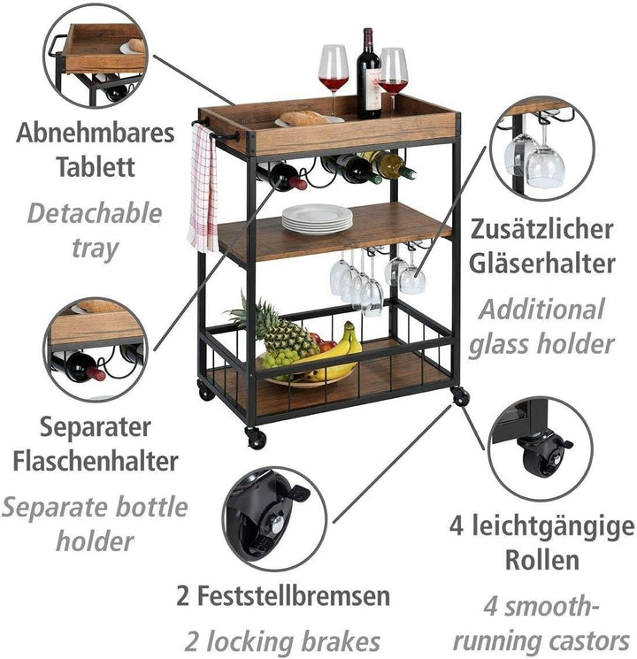 Küchenwagen mit 3 Ablageflächen,Servierwagen mit Flaschen- und Gläserhalter, im Walnussholz-Look, mo