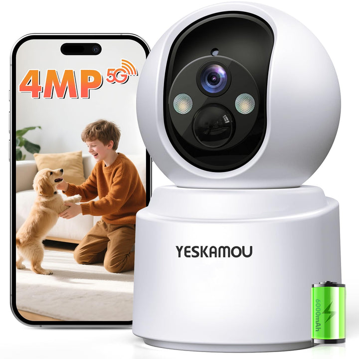 2,5K 4MP Überwachungskamera Innen Akku, 360° WLAN innenkamera mit akku, 2,4/5 GHz WiFi, 360° Kamera