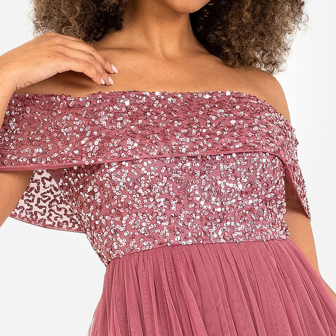 Maya Deluxe Damen Ladies Bardot Dresses Women Midi High Empire Waist Sequins Embellished Formal Even