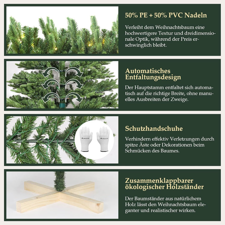 SALCAR Künstlicher Weihnachtsbaum 180 cm mit Warm LED-Beleuchtung und Holzständer, PE-Spritzguss und