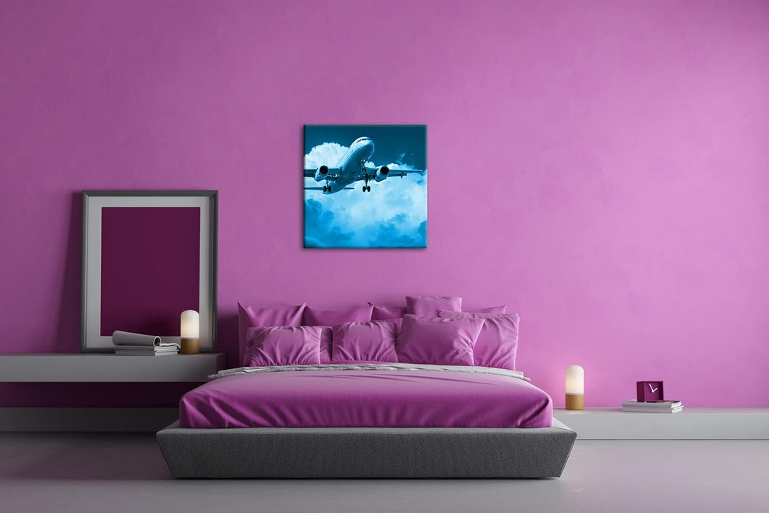 Flugzeit in den Wolken im Format: 60x60 Effekt: Zeichnung als Leinwandbild, Motiv auf Echtholzrahmen