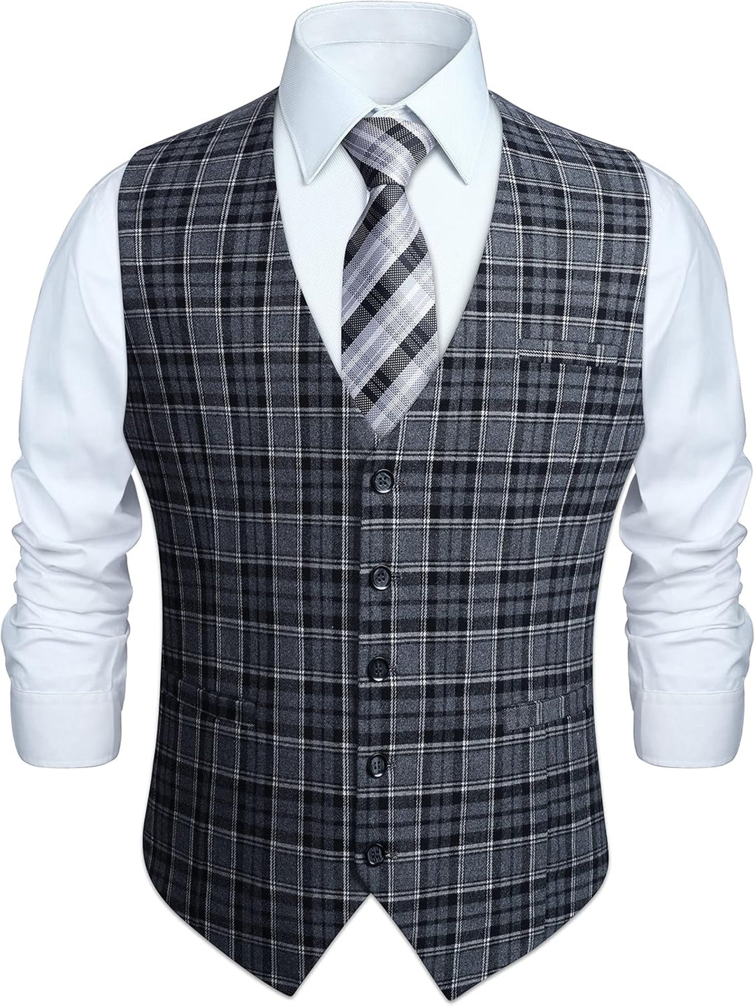 HISDERN Manner Formale Hochzeitsfeier Weste Baumwolle Plaid Kleid Anzug Weste für Herren Schwarz L,