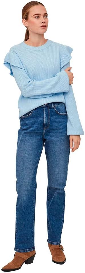 Vila Damen Viril O-Neck Flounce Knit Top-Noos Pullover XS Kentucky Blue/Detail:melange, XS Kentucky
