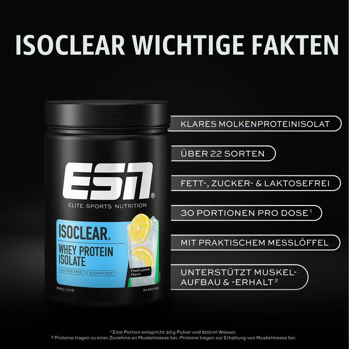 ESN ISOCLEAR Whey Isolate Protein Pulver, Fresh Lemon, 2 x 908 g + Gratis Shaker, Proteinlimo mit fr
