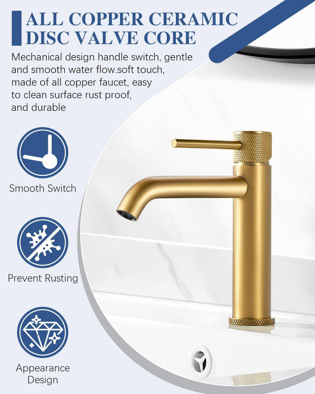 Wasserhahn Bad Waschtischarmatur Gold, Armatur Badezimmer mit Auslauf Höhe 105 mm, Einhebelarmatur G