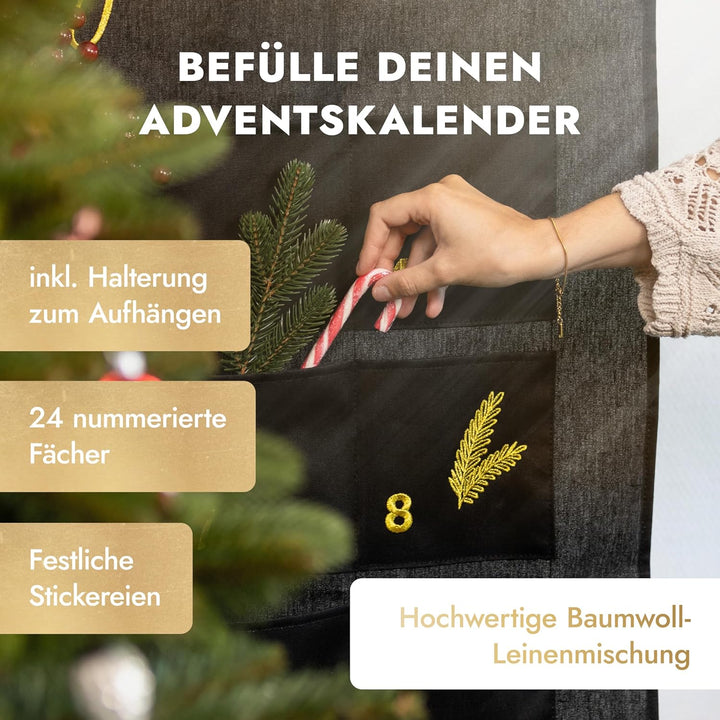 AMARI ® Adventskalender zum Befüllen Schwarz/Gold - XXL Wandkalender (70 x 130 cm) mit 24 Fächern zu