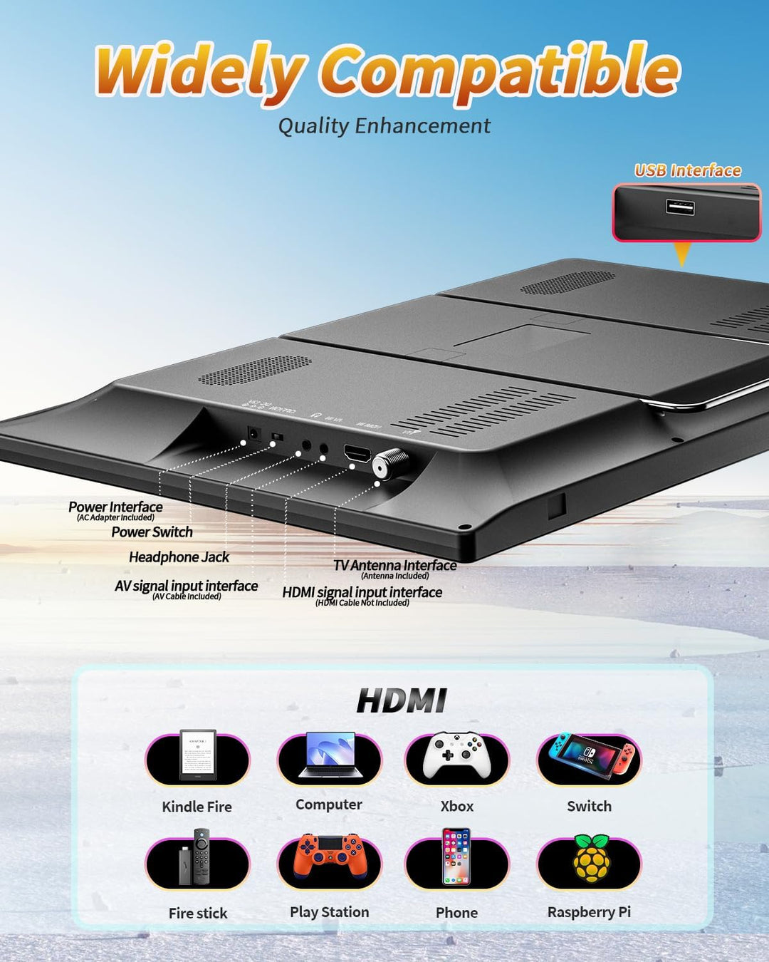 DESOBRY 19-Zoll Fernseher, 1080P Kleiner Fernseher DVB-T2-Tuner mit Antenne, Wiederaufladbarer TV HD