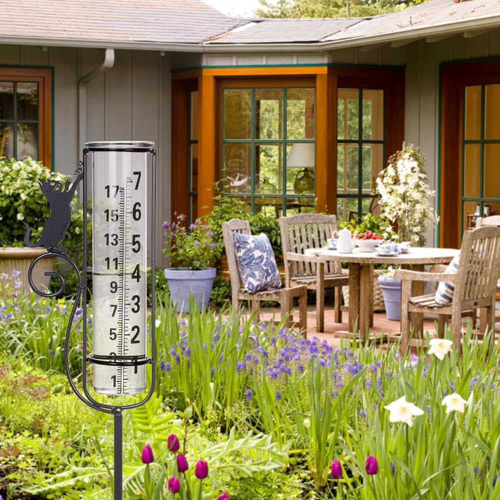 Regenmesser, Katzen-Regenmesser im Freien, Regenmessgerät mit Metallpfahl für Garten, Terrasse, Rase