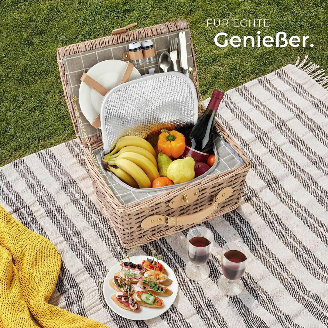 tectake® Picknickkorb 2 Personen, inkl. Kühlfach, befüllter Picnic Basket Weidenkorb für Ausflug, Ca