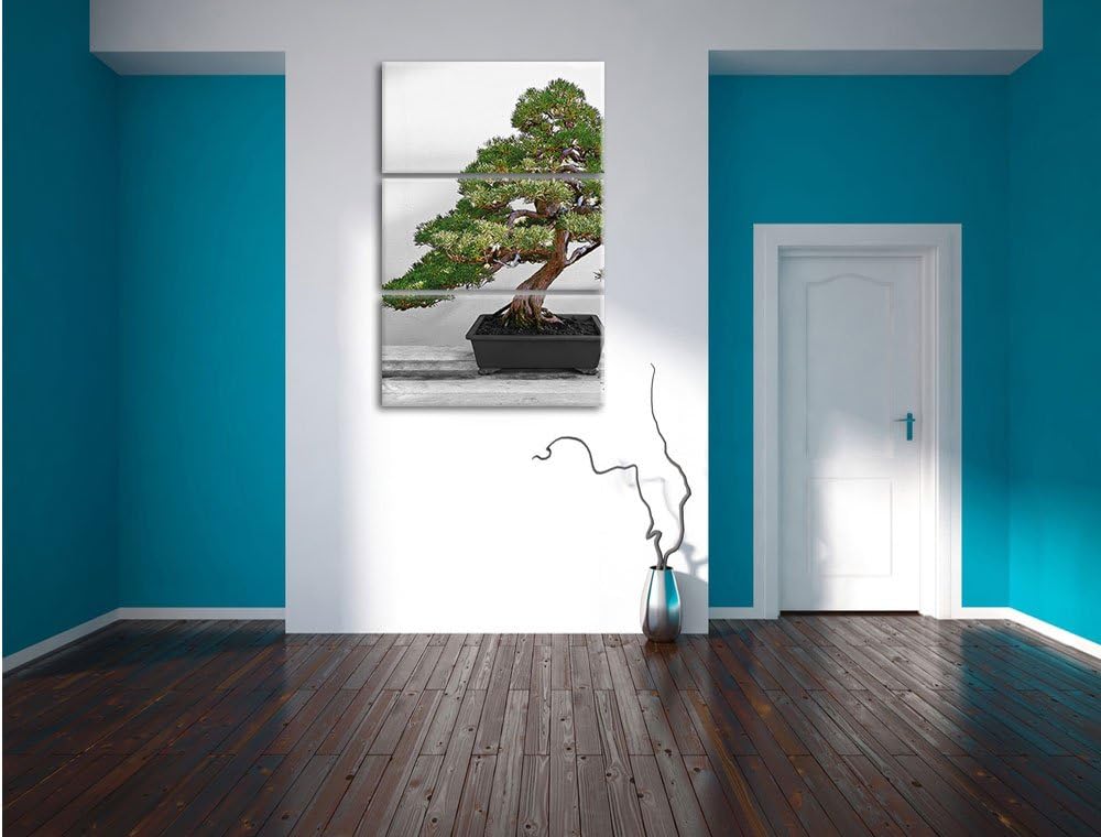 Pixxprint Bonsai Baum auf Holztisch als Leinwandbild | Grösse: 3 Teilig (120x80) | Wandbild| Kunstdr