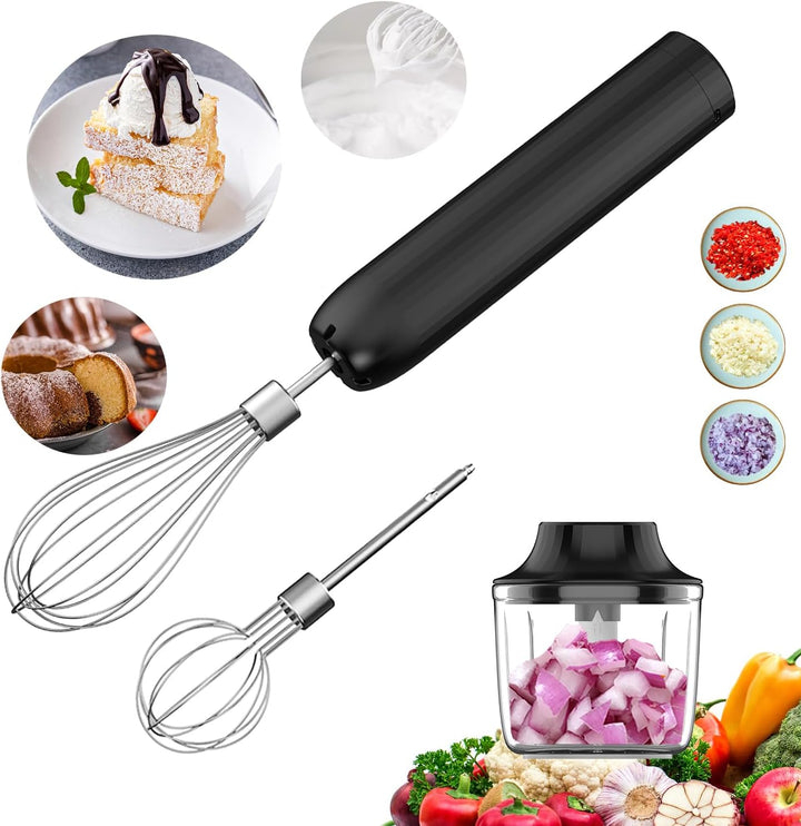 3-in-1 Elektrischer Schneebesen, PowCube Handmixer, Kleiner Kabelloser Stabmixer, Mini Zwiebelhacker