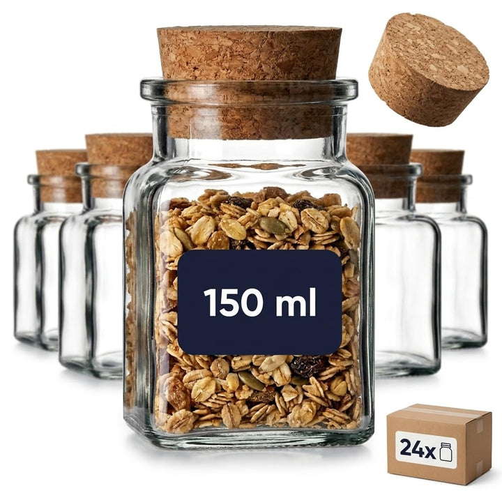 gouveo 24er Set Gewürzgläser 150 ml eckig mit Korken - Kleine Korkengläser mit Korkverschluss - Leer
