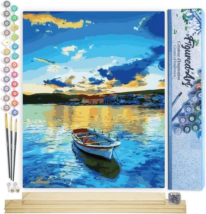 Figured'Art Malen Nach Zahlen Erwachsene Mit Rahmen Boot und Sonnenaufgang - Paint by Numbers Bastel